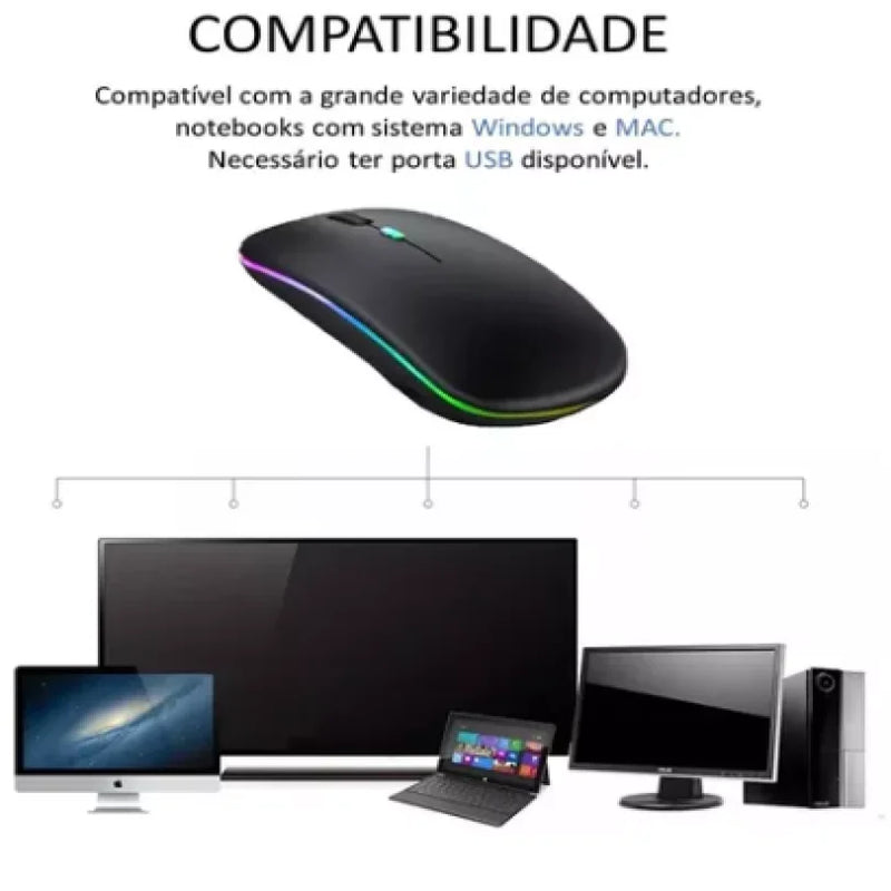 Mouse Bluetooth RGB Bateria Interna Recarregável Longa Duração